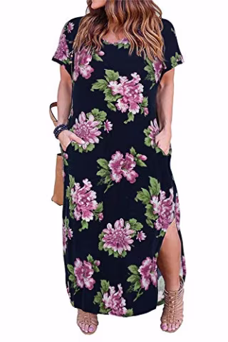 Nemidor Women's Casual Loose Pocket Long Dress Short Sleeve Plus Size Slit Maxi Dress (18W, Purple Flower)