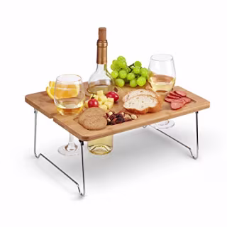 Tirrinia Outdoor Wine Picnic Table, Folding Portable Bamboo Wine Glasses &amp; Bottle, Snack and Cheese Holder Tray for Concerts at Park, Beach, Ideal Wine Lover Gift
