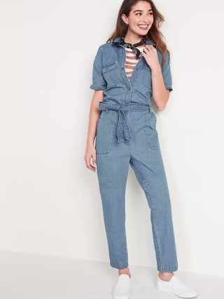 Old Navy Tie-Belt Short-Sleeve Jean Jumpsuit for Women