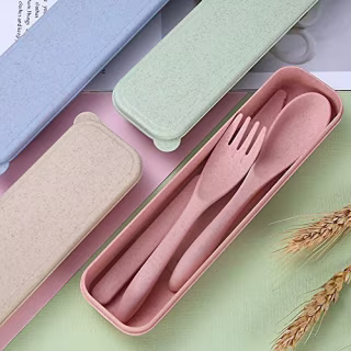 4 Sets Portable Cutlery,Wheat Straw Cutlery, Spoon Knife Fork Tableware set, for Kids Adult Travel Picnic Camping (4 Colors)