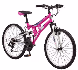 Mongoose Exlipse Full Dual-Suspension Mountain Bike for Kids, Featuring 15-Inch/Small Steel Frame and 21-Speed Shimano Drivetrain with 24-Inch Wheels, Kickstand Included, Pink