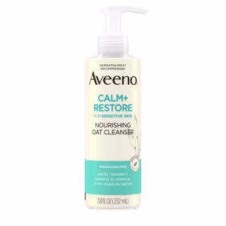 Pump bottle of Aveeno Calm + Restore Nourishing Oat Facial Cleanser for sensitive skin