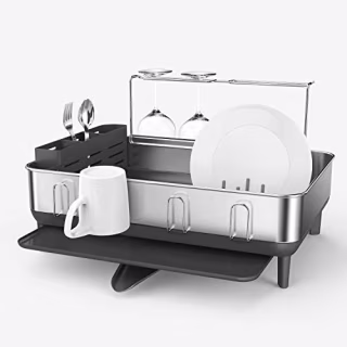 simplehuman Steel Frame Kitchen Drying Swivel Spout, Fingerprint-Proof Dish Rack, Full-Size, Grey Plastic