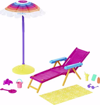 Barbie Loves The Ocean Beach-Themed Playset, with Lounge Chair, Umbrella &amp; Accessories, Made from Recycled Plastics, Gift for 3 to 7 Year Olds
