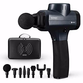 Sonic Handheld Percussion Massage Gun - Deep Tissue Massager for Sore Muscle and Stiffness - Quiet, 5 Speed High-Intensity Vibration - Quick Rechargeable Device - Includes 8 Massage Heads (Black)