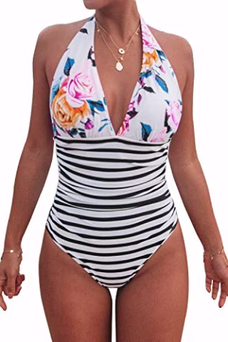 CUPSHE Women's One Piece Swimsuit V Neck Tummy Control Cross Back Vintage Swimwear Bathing Suits White Stripe Floral, L