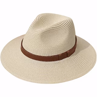 Lanzom Women Wide Brim Straw Panama Roll up Hat Belt Buckle Fedora Beach Sun Hat UPF50+(X Belt-Khaki)