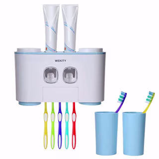 Toothbrush Holder Wall Mounted, WEKITY Multi-Functional Toothbrush and Toothpaste Dispenser for Bathroom, with 5 Toothbrush Slots, 2 Toothpaste Squeezers and 4 Cups(Blue)