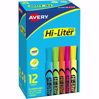 AVERY 98034 Hi-Liter Desk-Style Highlighters, Smear Safe Ink, Chisel Tip is Great for Sketch Book Art, 12 Assorted Colors