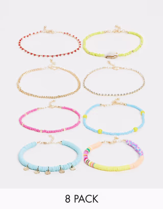 ASOS DESIGN 8-pack anklets in mixed beaded designs