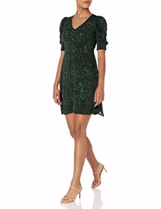 Amazon Brand - Lark & Ro Women's Ruched Sleeve V Neck Knit Dress, Olive Leopard, 0