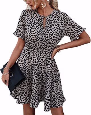 KIRUNDO Women's 2021 Summer Hot Short Sleeve V-Neck High Waist Floral Print Mini Boho Sun Dress with Button (Medium, Floral Apricot Black)