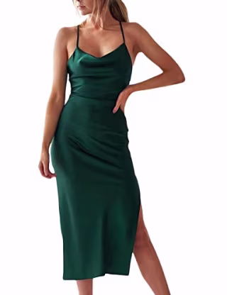 xxxiticat Women's Sleeveless Spaghetti Strap Satin Dress Cocktail Beach Evening Party Cowl Neck Dot Leopard Midi Dresses(Split,GR,XS)