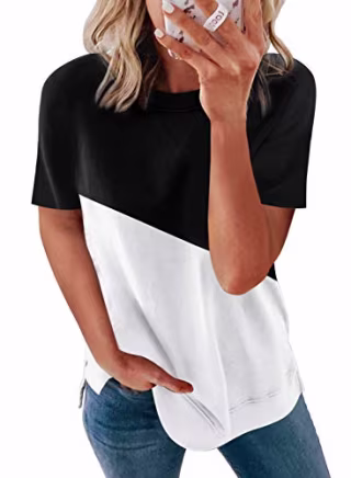 Biucly Women's Summer Casual Sexy Short Sleeve Crewneck Color Block Tee Loose Tops Tshirts for Womens,US 12-14(L),Black,White