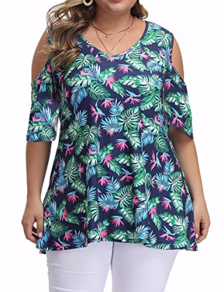 ALLEGRACE Women's Plus Size Floral Printing Cold Shoulder Tunic Top Short Sleeve V Neck T Shirts P38 Dark Banana Leaf Dark Blue 3X
