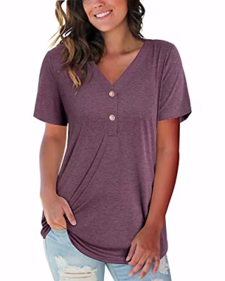 LAISHEN Women's Basic V Neck Button Shorts Sleeve T Shirts Summer Casual Loose Tee Tops(Dark red,XL)