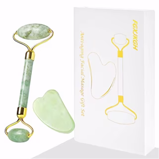 Jade Roller Gua Sha Set FGXJKGH Facial Roller Massager Body Eyes Neck Massager Tool for Eye Puffiness,Aging Release Pressure Natural Jade Stone (GREEN)