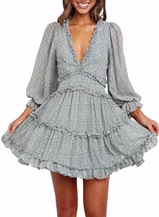 Dokotoo Womens Casual Ladies Winter Sexy V Neckline Long Sleeve Leopard Print Mini Dress Boho Fashion Skater A Line Ruffle Hem Pleated Dresses Green Small