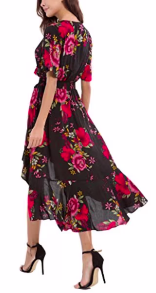 Kormei Womens Short Sleeve Floral High Low V-Neck Flowy Party Long Maxi Dress S Black&Red