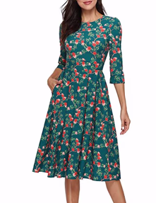 Simple Flavor Women's Floral Vintage Dress Elegant Midi Evening Dress 3/4 Sleeves (3155MS, S)