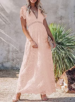 Bdcoco Women's V Neck Floral Lace Wedding Dress Short Sleeve Bridesmaid Evening Party Maxi Dress