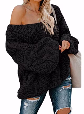 Astylish Off Shoulder Cable Knit Pullover Sweater