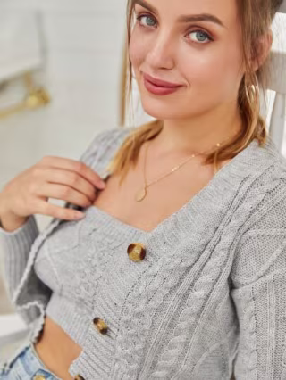 Button Front Cable Knit Cardigan with Tube Top