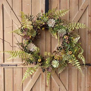 idyllic 22 Inches Wreath of Assorted Fern Leaves and Succulents Berry, Winter Spring Artificial Wreath for Wall, Window, Farmhouse
