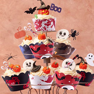 TUPARKA 54 Pcs Halloween Cupcake Toppers Wrappers Halloween Spider Pumpkin Ghost Hand Cake Decorations Supplies