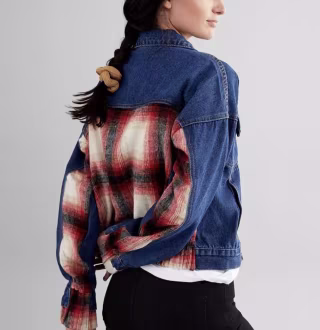 Buckle Brushed Wool Blend Plaid Denim Jacket