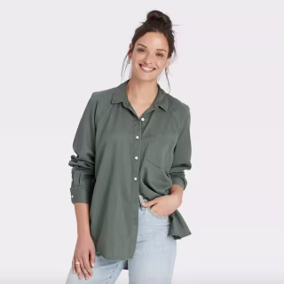 Raglan Long Sleeve Button-Down Shirt