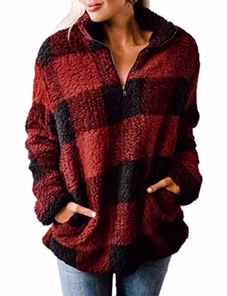 Merokeety Plaid Sherpa Fleece Zip Sweatshirt