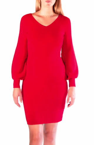 V-Neck Balloon Sleeve Sweater Dress