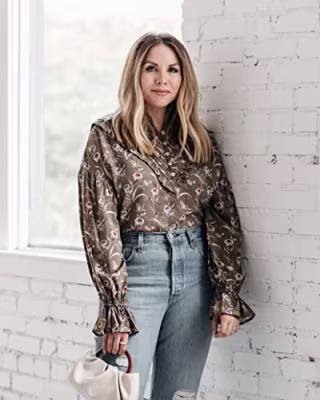 The Drop Women's Olive Floral Pintuck Ruffle Blouse