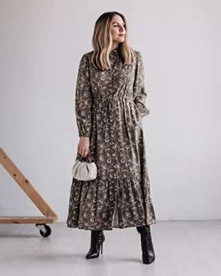 The Drop Women's Olive Floral Button Down Maxi Dress