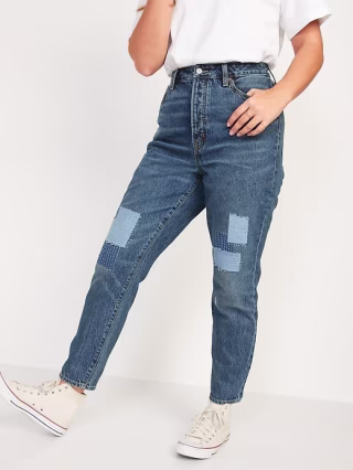 Higher High-Waisted Button-Fly O.G. Straight Patchwork Non-Stretch Jeans for Women