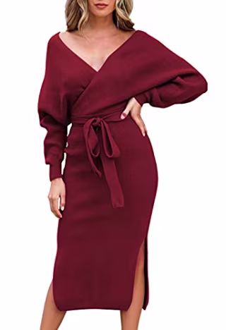 Viottiset Women's V Neck Long Batwing Sleeve Wrap Midi Knit Sweater Dress