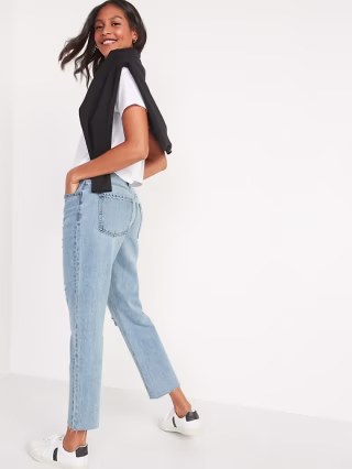 Old Navy High-Waisted Button-Fly Slouchy Straight Distressed Cropped Jeans