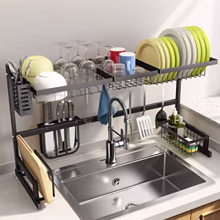 Over The Sink Dish Drying Rack, SNTD Width Adjustable(32"<=Sink Size <= 40") Stainless Steel Kitchen Supplies Storage Counter Organizer, Black