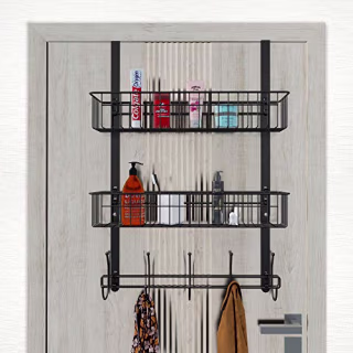 LUCYCAZ Over The Door Hanger, Towel Rack 5 Hooks with 2 Mesh Basket Behind Door Hooks Hanger Shelf, Back of Door Storage Organizer for Barthroom Kitchen Hanging Towel Clothes (Black)