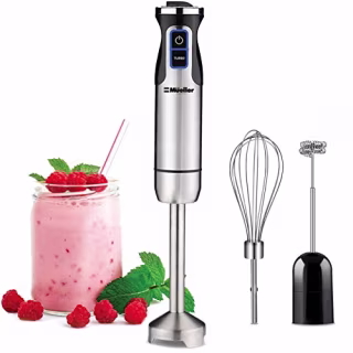 Mueller Austria Ultra-Stick 500 Watt 9-Speed Immersion Multi-Purpose Hand Blender Heavy Duty Copper Motor Brushed 304 Stainless Steel With Whisk, Milk Frother Attachments