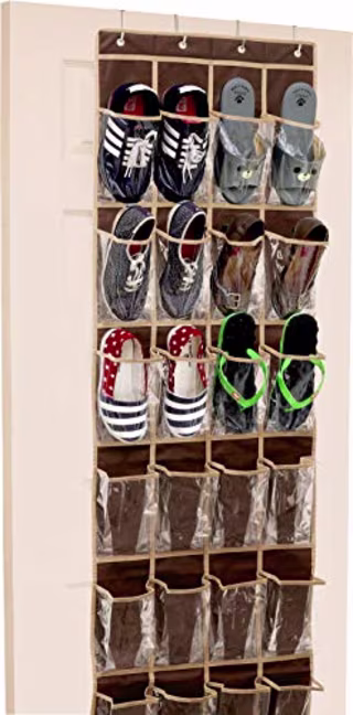 24 Pockets - SimpleHouseware Crystal Clear Over The Door Hanging Shoe Organizer, Brown