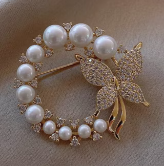 Pearl and Rhinestone Circle Brooches
