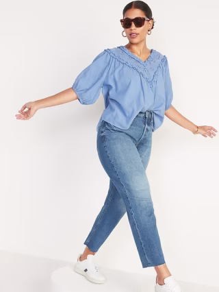 Curvy Extra High-Waisted Button-Fly Sky Hi Straight Ripped Jeans for Women