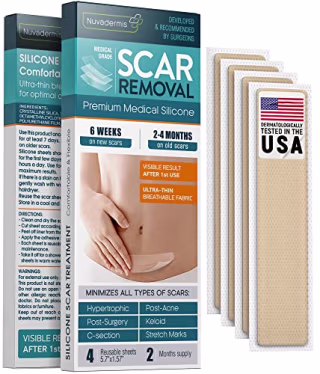 Silicone Scar Sheets, Strips, Tape - Keloid, C-Section, Surgical - Scars Removal Treatment - Silicon Gel Cream Patch Bandage - Tummy Tuck Surgery - 4 Pack 5.7" x 1.57" - 2 Month Supply by Nuvadermis