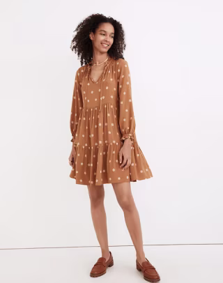 Tie-Neck Tiered Mini Dress in Bloom Dot
