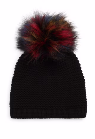 Wool Blend Beanie with Faux Fur Pom