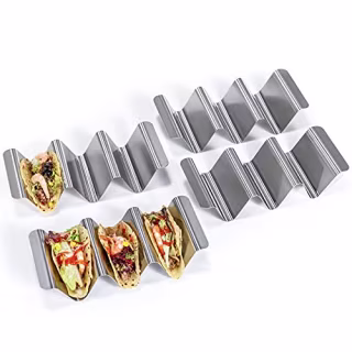 18/8 Stainless Steel Taco Holders: U-Taste Soft Hard Taco Shell Rack Oven Safe Metal Corn Tortilla Serving Tray Plates Stand Set with Handle and Rounded Curves (Set of 4)