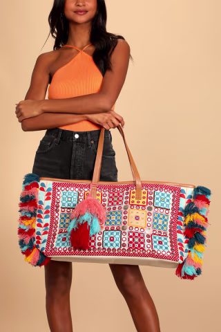 Island Living Beige Multi Embroidered Oversized Tote Bag