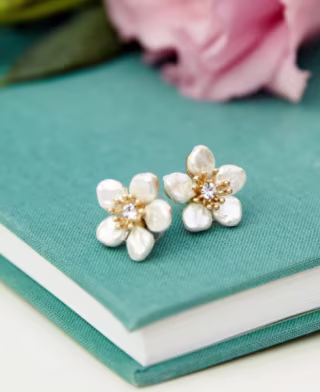 Gold-Tone Crystal & Imitation Pearl Flower Stud Earrings